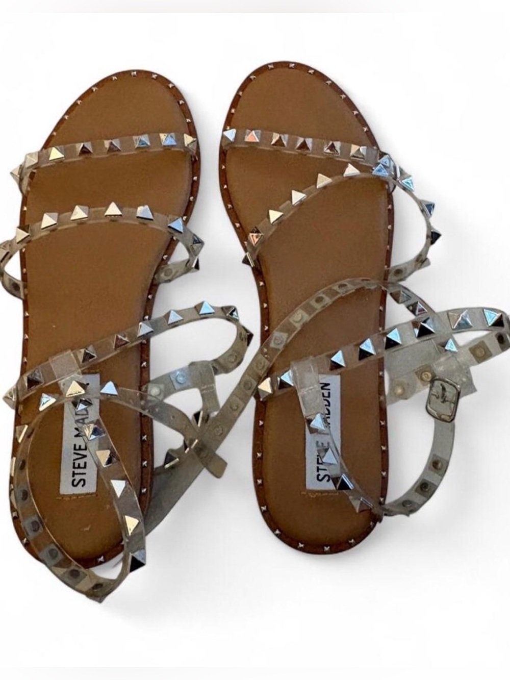 Steve Madden Metallic Pyramid-Stud Brown Footbed Strappy Sandals